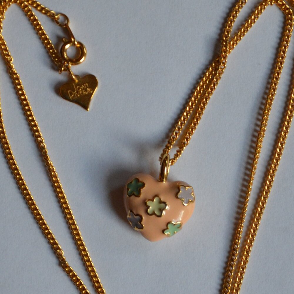 Joan Rivers Pink Enamel Puffy heart pendant necklace